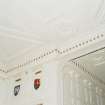 Ground floor, ball-room, wall, panelling and heraldic shields and ceiling, plasterwork, detail
