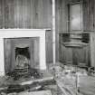 Ground floor, housekeepers room, fireplace and desk, detail