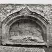 Fearn Abbey.  St. Michael's aisle, view of mural tomb with effigy of Abbot Finlay (d.1385) set into South wall.