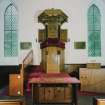 Interior. Pulpit and communion table. View from NNW