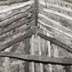 Beaton's Cottage, interior.  Detail of Cruck joint at ridge of roof.