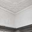 Second floor, East room, detail of cornice, plasterwork frieze and plasterwork ceiling decoration