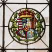 Detail of circular stained glass panel in South wall depicting the coat of arms of Mary Of Lorraine and Guise, mother of Mary Queen of Scots.