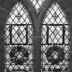 Interior.
Church hall, detail of stained glass window on E wall.
