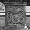East fountain, one face of plinth, coat of arms, detail with motto 'BYD AND'
