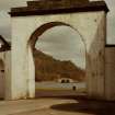 Inveraray, Screen wall, Aray Bridge.
View of arch in screen wall from South and Aray Bridge in distance.