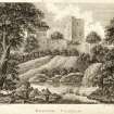 Engraving of Rosslyn Castle from the river Esk by David Erskine