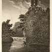 Engraving of Rosslyn Castle from the river Esk by George Arnald