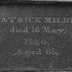 Detail of inscription ("Patrick Milne died 16 May 1820 aged 65")
