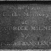 Detail of inscription ("erected to the memory of Patrick Milne by Charles Bannerman")