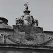 Detail of armorial on roof above main entrance on east front