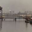 Glasgow Garden Festival.
General view from North-East of Bell's pedestrian swing bridge to festival site and giant cantilever crane at Stobcross Quay.