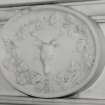 Interior. Ground floor Detail of dining room classical marble fireplace from Kirkcudbrightshire installed by Whytock and Reid mid 20th century showing stags head and grapevine roundel