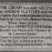 Interior.
Detail of memorial plaque in S wall of gallery.