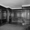 Interior. 
Second floor library at Northwest corner, view from West showing bookcases made from the woodwork of SS Columbia in 1934.