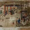 Interior.
Detail of Chinese prints/paintings on walls, figures under pagodas.
Ink and paint on paper
