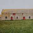 View of threshing barn from S, note the former kiln on the left of the two-storeyed range