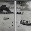 TV Room, detail of painted cupboard showing Carradale House with Lady Mitchison set in a mystical landscape
