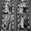 Interior. NE Aisle gallery McCunn Memorial stained glass window by E Burne-Jones of Morris, Marshall, Falkner & Co London