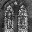 Interior.  View of stained glass window in south wall 'Blessed art thou among women'