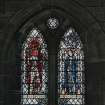 Interior.  View of stained glass window in south wall 'Blessed art thou among women'