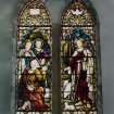 Interior. W aisle stained glass window by Ballantine & Co Edinburgh 1904 "The Good Shepherd"" Faith, Hope and Charity"