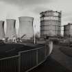General view of cooling towers and gas holders from S.