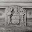Interior.
Detail of 1698 heraldic plaque on fireplace in main hall.