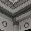 Interior. Library Detail of decorated pilasters, laurel wreath freize, cornice and papered ceiling with fruit