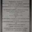Interior. Patients dining room. Detail of memorial plaque with inscription "Poorhouse Hospital. For the Sick Poor of the Combined Parishes of Dundee and Liff and Benvie. The Foundation Stone of Which Was Laid With Masonic Honours By Sir Archibald Campbell Bart of Blythswood [...] "