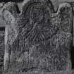 Dunning, St. Serf's Parish Church, Graveyard.
General view of East face of the tombstone of Thomas Graham, died 1732. Shaped top enclosing head and sunrays.
Insc: 'Thomas . Graham. Son .To. John Graham'.