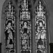 Interior. Detail of chancel stained glass window depicting SS Columba, Ninian and Margaret