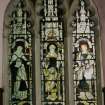 Interior. Detail of chancel stained glass window depicting SS Columba, Ninian and Margaret