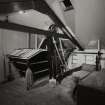 Edradour Distillery, interior.
Interior of mailt-deposit store, showing grain-hopper and grist hopper.