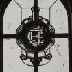 Orchil House, interior.
Detail of staircase hall stained glass window, with EJC mongram.