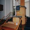 Interior: view of St Martins Parish Church pulpit and stairs from North