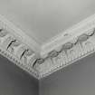 Edinburgh, Frogston Road East, Mortonhall House, interior.
View of entrance hall ceiling cornice. A design of rosettes and leaves between leaf design blocks, with dentils below.