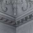 Edinburgh, Frogston Road East, Mortonhall, interior.
View of the second floor library lower ceiling cornice. A design of carved wood with scrolled leaves above and blocks and rosettes below.