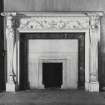Edinburgh, Frogston Road East, Mortonhall, interior.
View of the second floor library chimneypiece. White carved marble with two figures in the side supports.