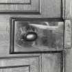 Edinburgh, Frogston Road East, Mortonhall, interior.
Detail of the second floor library door showing a brass doorplate and knob.