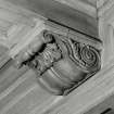 Interior, basement, lower hall, detail of wooden corbel