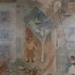 Detail of section of mural painted by John Maxwell, showing doves on roof and girl skipping.