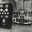 Interior-detail of fuel oil heaters, pumps and control panel in Boiler House of Holyrood Brewery