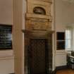 Interior. Great Hall. View of door on W wall with memorial to James Denholm above