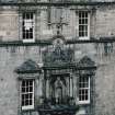 N range of courtyard. View of statue of George Heriot with sundial above