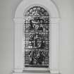 Interior, 1st. floor lobby, view of stained glass window at south end