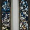 Detail of stained glass in North aisle by Guthrie and Wells c.1927 depicting praise of creation, from the psalms