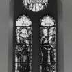 Detail of stained glass in South Clearstory by Ballantine and Gardiner 1903 depicting liberality and praise