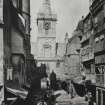 General view towards Netherbow Port in 'Old Edinburgh Street' exhibit, insc: 'Nether Bow. M. Wane, Copyright'