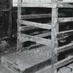 Edinburgh, Portobello, Pipe Street, Thistle Street, interior.
View of drying shed on first floor with ends os the wooden drying racks showing the raised floor-grille.